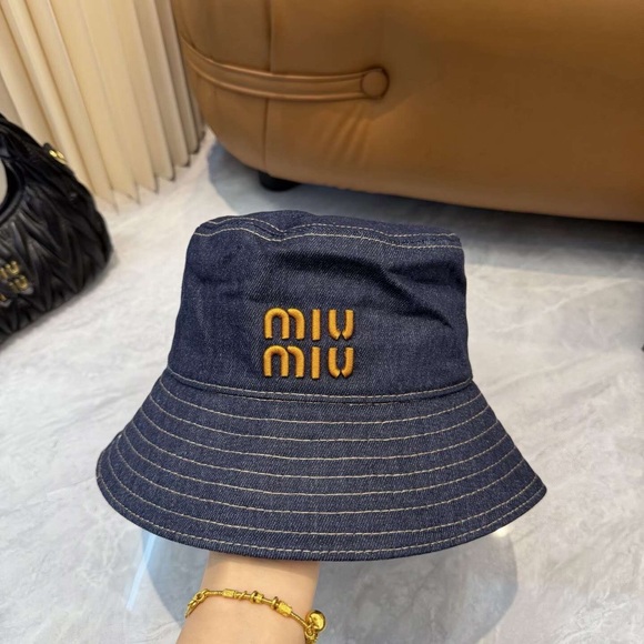 Miu Miu Accessories - Miu Miu Denim Bucket Hat with Gold Logo Embroidery - Casual Luxury